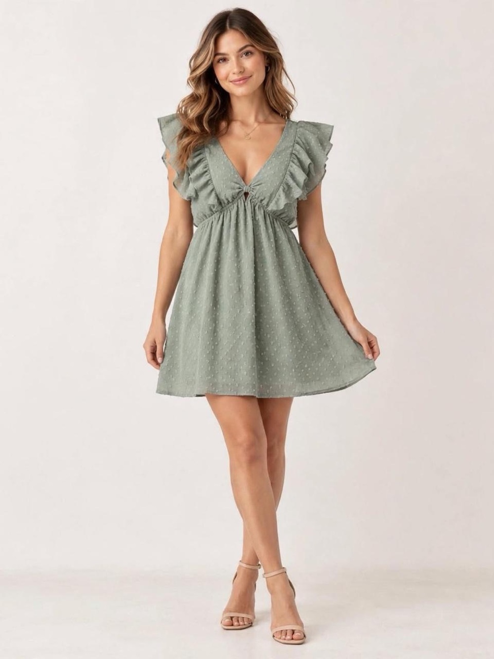 Sage Green Swiss Dot Babydoll Mini Dress Ruffle V-Neck NWT Size S